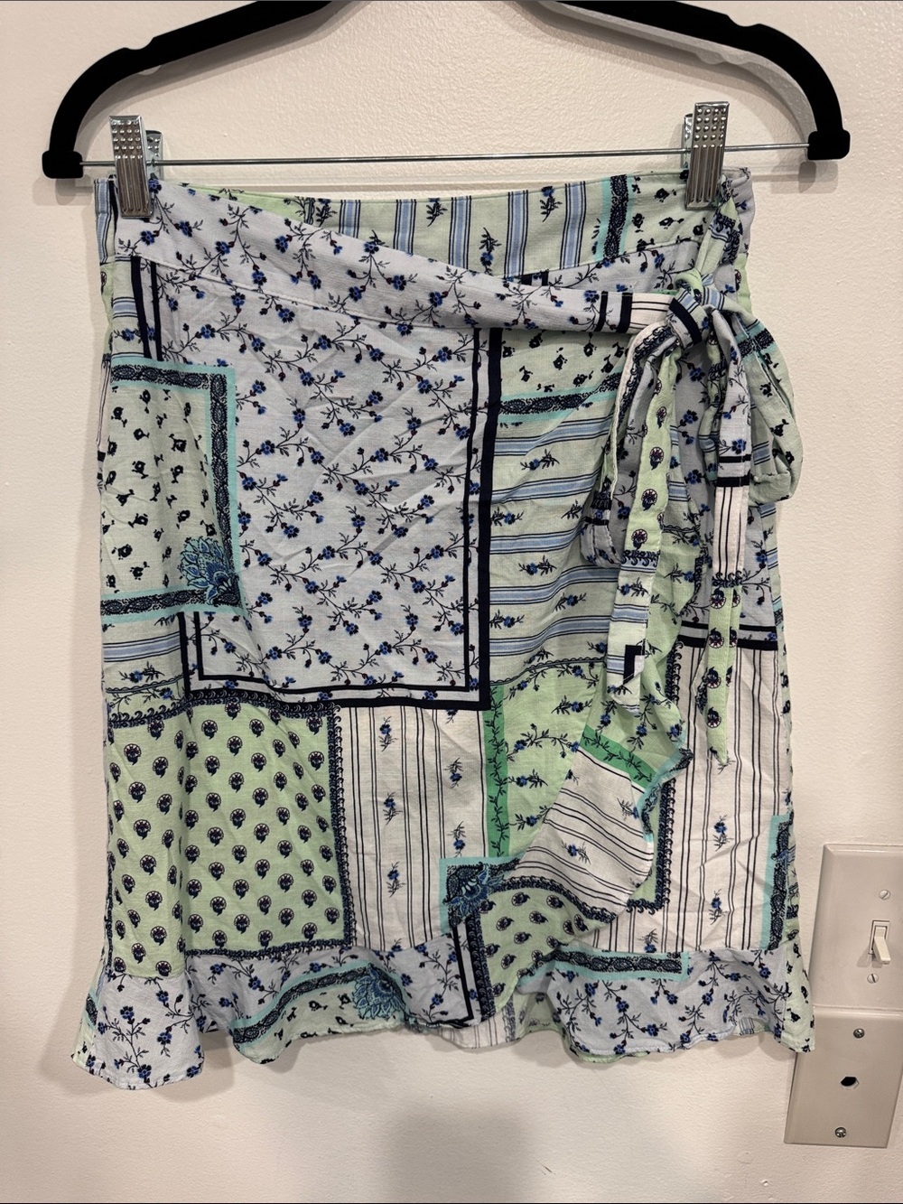 LOFT Mint Green and Blue Patchwork Wrap Mini Skirt